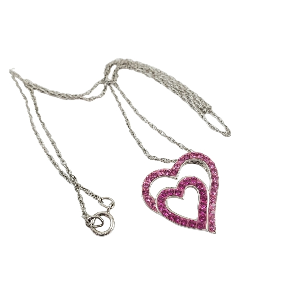 Sterling silver pendant necklace slider heart pink stones